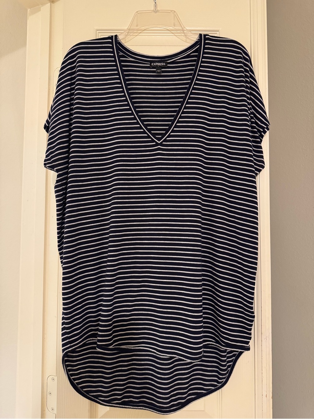Express Women’s Modal Blend Navy and White Striped V-Neck Top